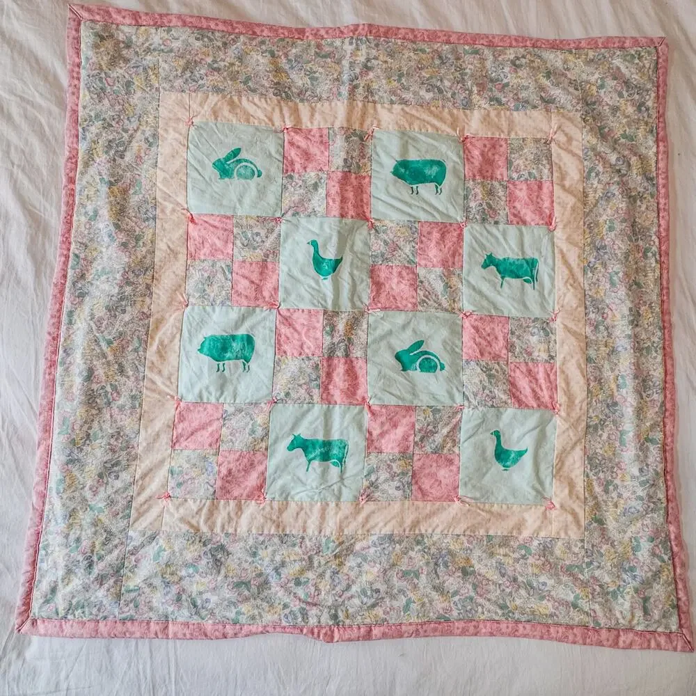 Vintage Handmade Patchwork Pink/Cream Baby Quilt w/ Teal Farm Animal, 40